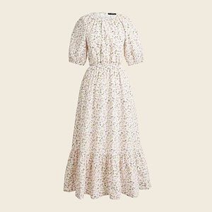 White J Crew dress with pink floral pattern and open elastic back.